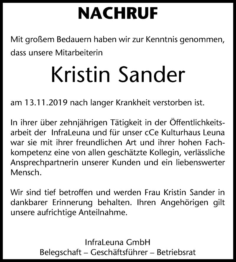  Traueranzeige für Kristin Sander vom 28.11.2019 aus Mitteldeutsche Zeitung Merseburg/Querfurt