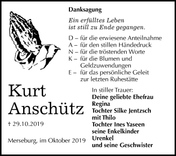 Traueranzeige von Kurt Anschütz von Mitteldeutsche Zeitung Merseburg/Querfurt