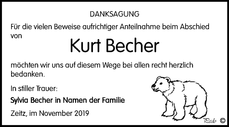  Traueranzeige für Kurt Becher vom 09.11.2019 aus Super Sonntag Zeitz