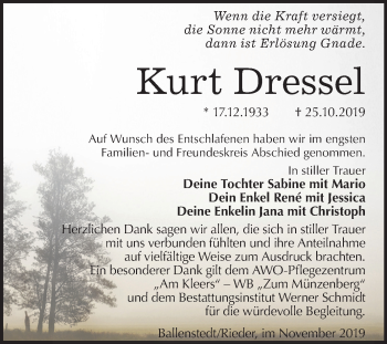 Traueranzeige von Kurt Dressel von Mitteldeutsche Zeitung Quedlinburg