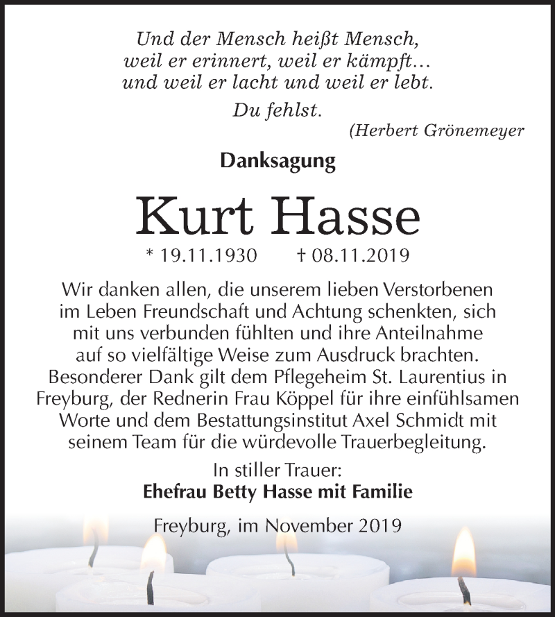  Traueranzeige für Kurt Hasse vom 09.11.2019 aus Mitteldeutsche Zeitung Naumburg/Nebra