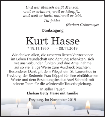 Traueranzeige von Kurt Hasse von Mitteldeutsche Zeitung Naumburg/Nebra