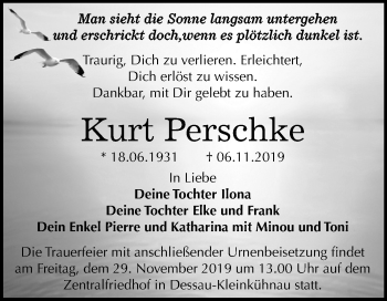 Traueranzeige von Kurt Perschke von Mitteldeutsche Zeitung Dessau-Roßlau