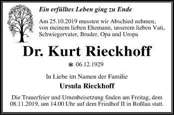 Traueranzeige von Kurt Rieckhoff von Mitteldeutsche Zeitung Dessau-Roßlau