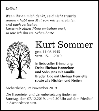 Traueranzeige von Kurt Sommer von Super Sonntag Aschersleben