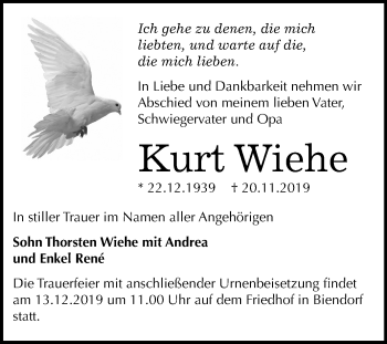 Traueranzeige von Kurt Wiehe von Mitteldeutsche Zeitung Bernburg