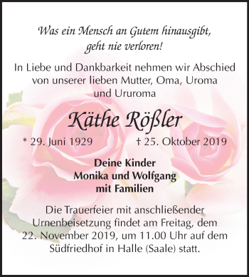 Traueranzeige von Käthe Rößler von Mitteldeutsche Zeitung Halle/Saalkreis