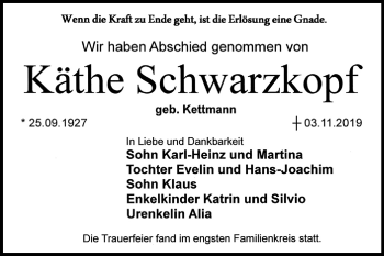 Traueranzeige von Käthe Schwarzkopf von Super Sonntag Dessau-Roßlau