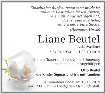 Traueranzeige von Liane Beutel von Mitteldeutsche Zeitung Halle/Saalkreis