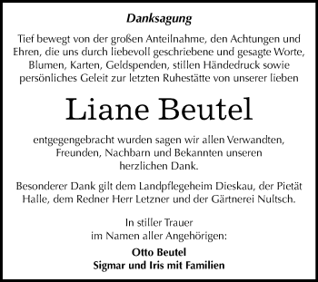 Traueranzeige von Liane Beutel von Mitteldeutsche Zeitung Halle/Saalkreis