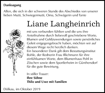 Traueranzeige von Liane Langheinrich von Mitteldeutsche Zeitung Merseburg/Querfurt