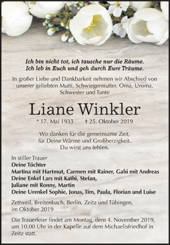 Traueranzeige von Liane Winkler von Super Sonntag Zeitz
