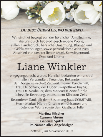 Traueranzeige von Liane Winkler von Super Sonntag Zeitz