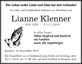 Traueranzeige von Lianne Klenner von Mitteldeutsche Zeitung Merseburg/Querfurt
