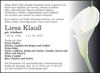 Traueranzeige von Liesa Klauß von Mitteldeutsche Zeitung Quedlinburg