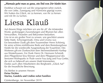 Traueranzeige von Liesa Klauß von Mitteldeutsche Zeitung Quedlinburg