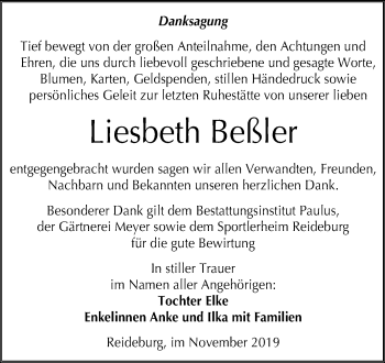 Traueranzeige von Liesbeth Beßler von Mitteldeutsche Zeitung Halle/Saalkreis