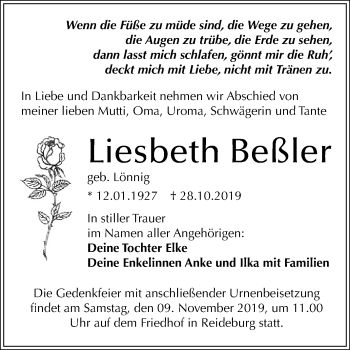 Traueranzeige von Liesbeth Beßler von Mitteldeutsche Zeitung Halle/Saalkreis