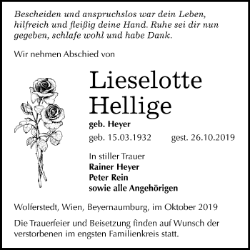 Traueranzeige von Lieselotte Hellige von Mitteldeutsche Zeitung Sangerhausen