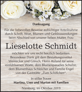 Traueranzeige von Lieselotte Schmidt von Super Sonntag Bernburg