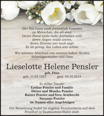Traueranzeige von Lieselotte Helene Pensler von Mitteldeutsche Zeitung Sangerhausen