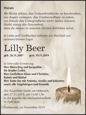 Traueranzeige von Lilly Beer von Super Sonntag Zeitz