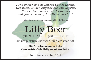 Traueranzeige von Lilly Beer von Super Sonntag Zeitz