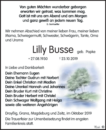 Traueranzeige von Lilly Busse von Mitteldeutsche Zeitung Zeitz