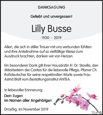 Traueranzeige von Lilly Busse von Mitteldeutsche Zeitung Zeitz