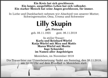 Traueranzeige von Lilly Skupin von Mitteldeutsche Zeitung Naumburg/Nebra
