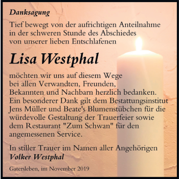 Traueranzeige von Lisa Westphal von Super Sonntag Aschersleben