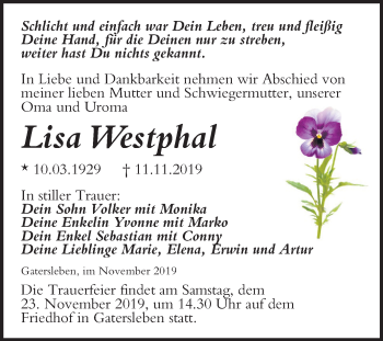 Traueranzeige von Lisa Westphal von Mitteldeutsche Zeitung Aschersleben