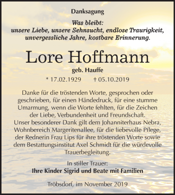 Traueranzeige von Lore Hoffmann von Mitteldeutsche Zeitung Naumburg/Nebra