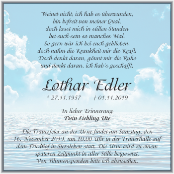Traueranzeige von Lothar Edler von Mitteldeutsche Zeitung Mansfelder Land