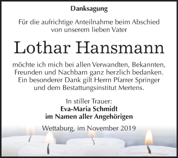 Traueranzeige von Lothar Hansmann von Mitteldeutsche Zeitung Naumburg/Nebra