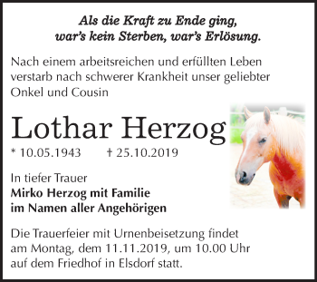 Traueranzeige von Lothar Herzog von Mitteldeutsche Zeitung Köthen
