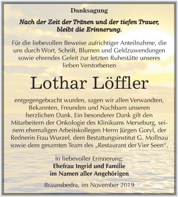 Traueranzeige von Lothar Löffler von Mitteldeutsche Zeitung Merseburg/Querfurt