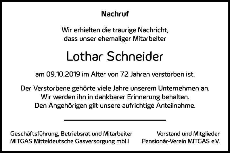  Traueranzeige für Lothar Schneider vom 02.11.2019 aus Mitteldeutsche Zeitung Halle/Saalkreis