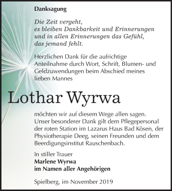 Traueranzeige von Lothar Wyrwa von Wochenspiegel Naumburg/Nebra