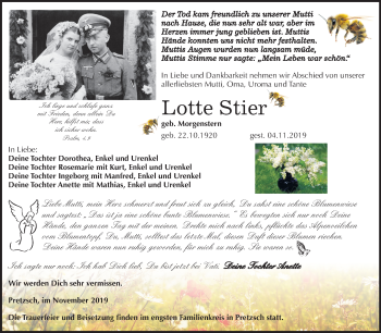 Traueranzeige von Lotte Stier von Super Sonntag Wittenberg
