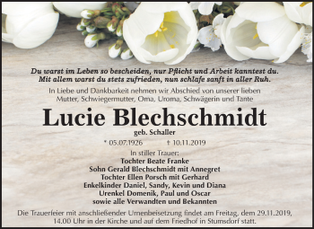 Traueranzeige von Lucie Blechschmidt von Wochenspiegel Bitterfeld