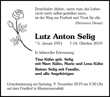 Traueranzeige von Lutz Anton Selig von Mitteldeutsche Zeitung Mansfelder Land