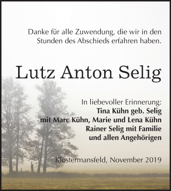 Traueranzeige von Lutz Anton Selig von Mitteldeutsche Zeitung Mansfelder Land / Merseburg/Querfurt