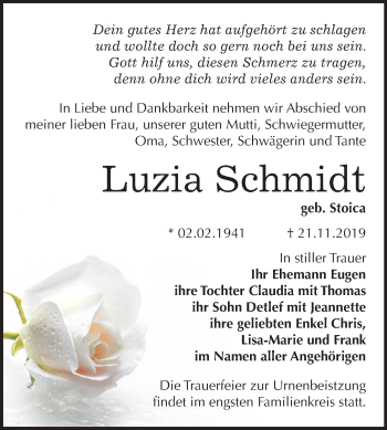 Traueranzeige von Luzia Schmidt von Mitteldeutsche Zeitung Naumburg/Nebra
