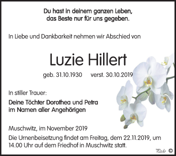 Traueranzeige von Luzie Hillert von Wochenspiegel Weißenfels
