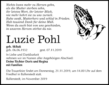 Traueranzeige von Luzie Pohl von Super Sonntag Quedlinburg