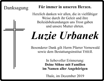 Traueranzeige von Luzie Urbanek von Mitteldeutsche Zeitung Quedlinburg