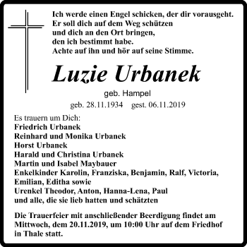 Traueranzeige von Luzie Urbanek von Wochenspiegel Quedlinburg