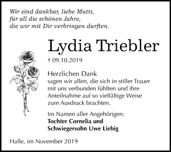 Traueranzeige von Lydia Triebler von Mitteldeutsche Zeitung Halle/Saalkreis