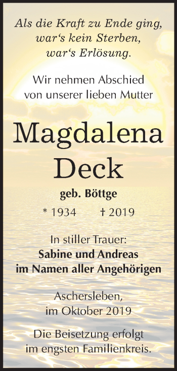Traueranzeige von Magdalena Deck von Super Sonntag Aschersleben